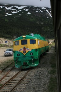 Locomotives 99 and 95 run around to the other end of the train for the return to Skagway.