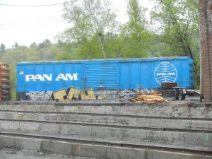 Pan Am Railways blue boxcar in Waterville, Maine yard. 