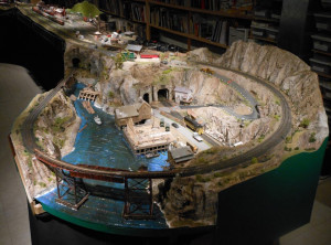 Fig 3 - Blanchard Harbor area of Dick’s layout; bridge in foreground, kItbashed from Microengineering kits, may sell for pennies on the dollar