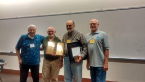 Ted Becker (second from right) receiving the 2016 Golden Grab Iron Award at the 4th Division Spring Meet, along with previous Golden Grab Iron Award winners Jim Sabol (left, winner in 2014), Russ Segner (second from left, winner in 2013), and Jim Younkins (right, winner in 2015).