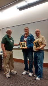 David Yadock (middle) and Jeff Moorman (right) receiving Timetable and Train Order Awards from Russ Segner (left) at the 2016 4th Division Spring Meet.