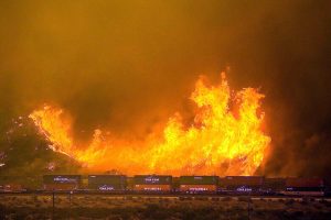BNSF Stack Train Stopped by Fire in Cajon Pass