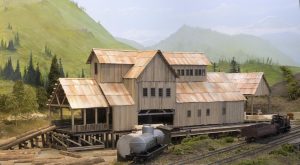 Coal Creek Lumber Mill on Russ Segner's Sn3 layout. It is scratchbuilt with stripwood.