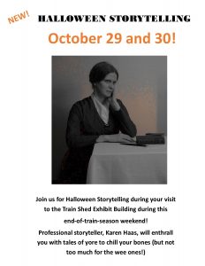 Halloween storytelling at the Train Shed Exhibit Building, Northwest Railway Museum
