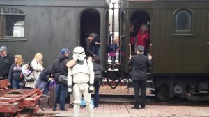 A Star Wars stormtrooper attends the Halloween Train at the Northwest Railway Museum. 